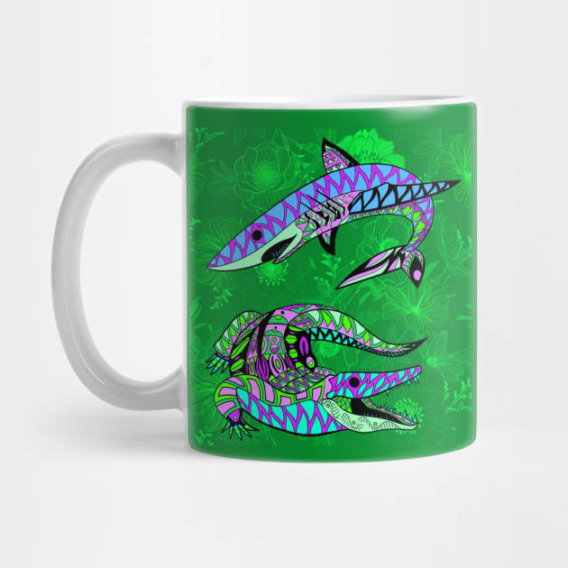 the shark and the alligator in pattern ecopop art in jungle style by jorge_lebeau